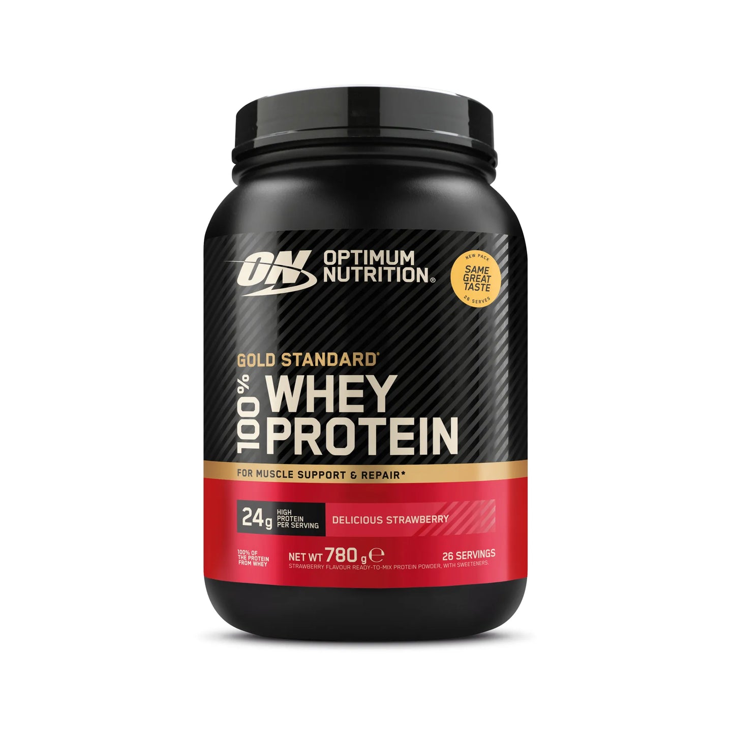 Optimum Nutrition 100% Whey Gold Standard 775 g i en svart boks med røde detaljer i smaken Delicious Strawberry., bilde 6 av 8