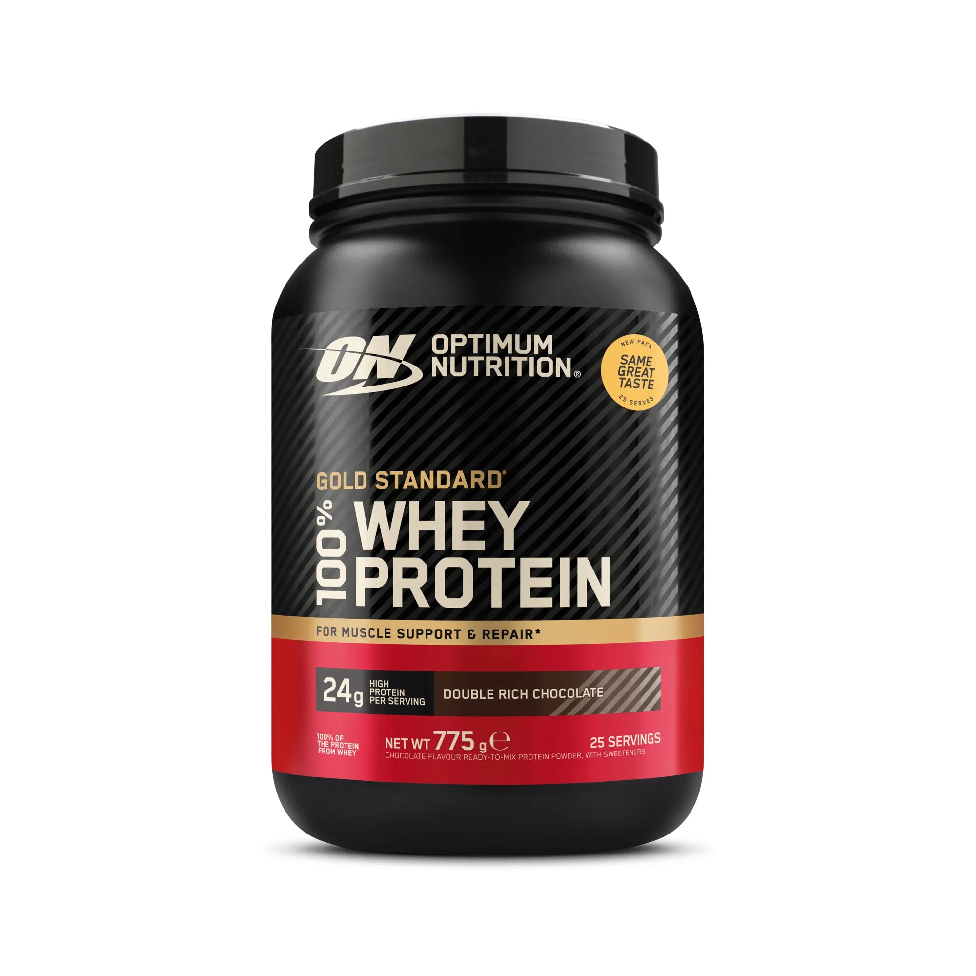 Optimum Nutrition 100% Whey Gold Standard 775 g i en svart boks med røde detaljer for smaken Double Rich Chocolate., bilde 7 av 8