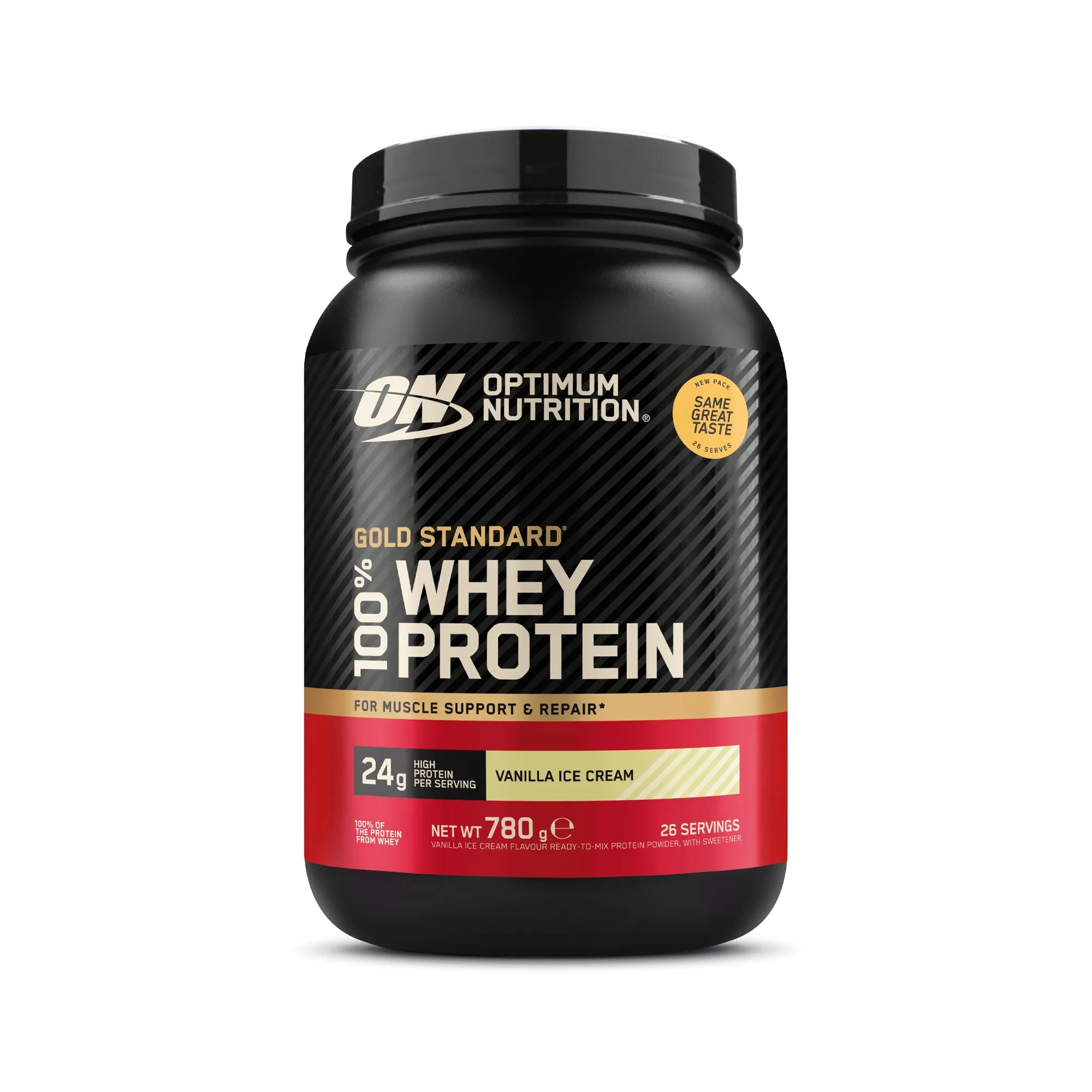 Optimum Nutrition 100% Whey Gold Standard 775 g proteinpulver i en svart boks med smak av Vanilla Ice Cream., bilde 8 av 8