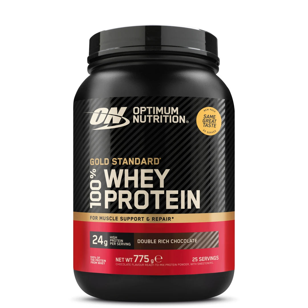 Optimum Nutrition 100% Whey Gold Standard 775 g proteinpulver i svart boks med rød etikett, smak Double Rich Chocolate.