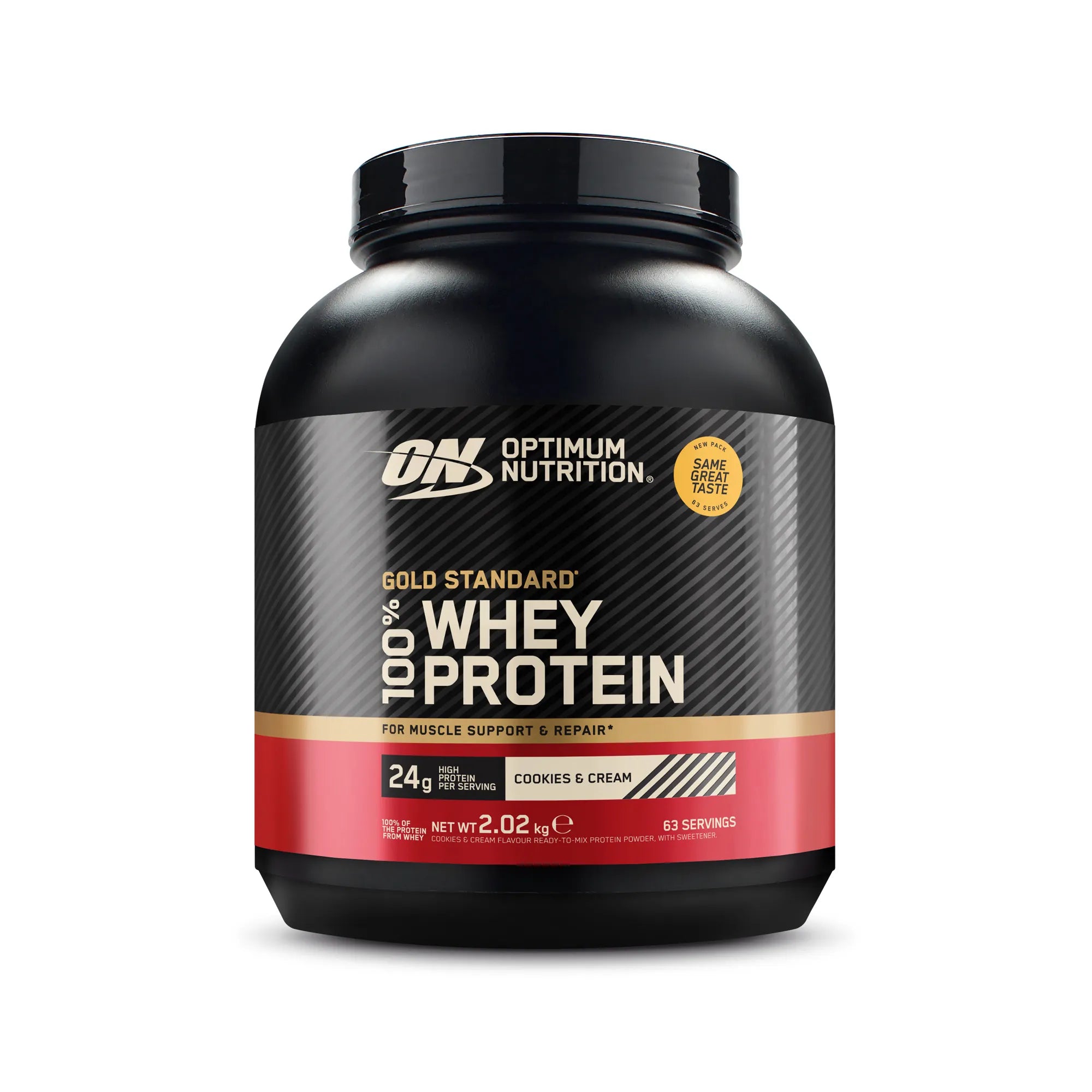 Optimum Nutrition 100% Whey Gold Standard 2 kg i en svart boks med røde detaljer for smaken Cookies &amp; Cream., bilde 2 av 6
