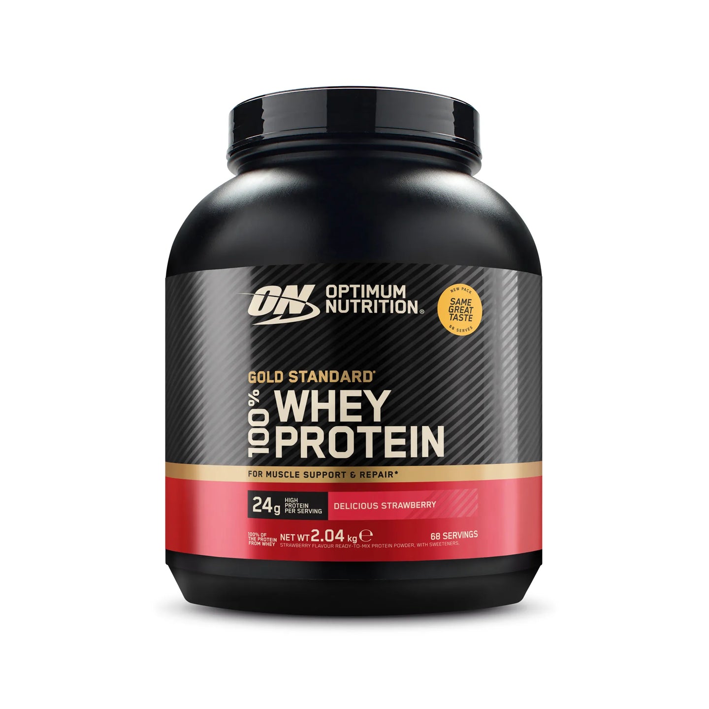 Optimum Nutrition 100% Whey Gold Standard 2 kg i en svart boks med røde detaljer for smaken Delicious Strawberry., bilde 3 av 6