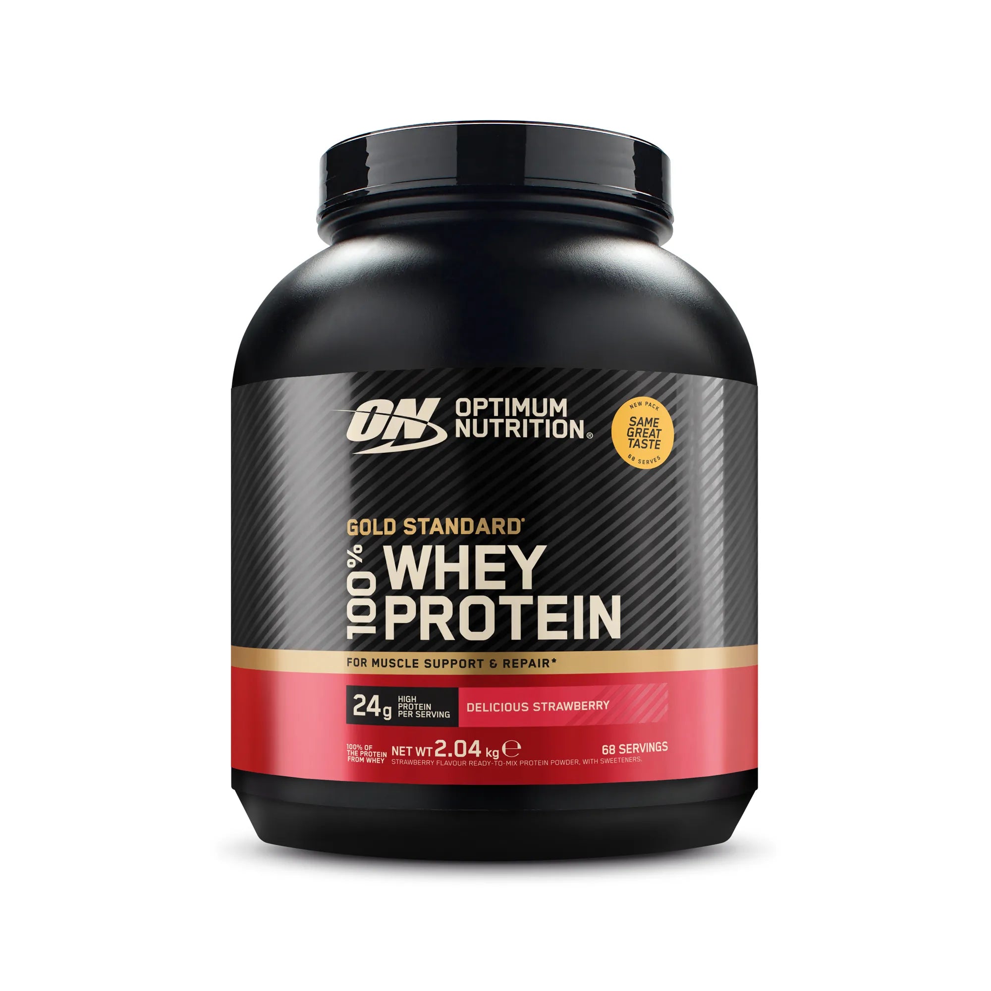 Optimum Nutrition 100% Whey Gold Standard 2 kg i en svart boks med røde detaljer for smaken Delicious Strawberry., bilde 3 av 6