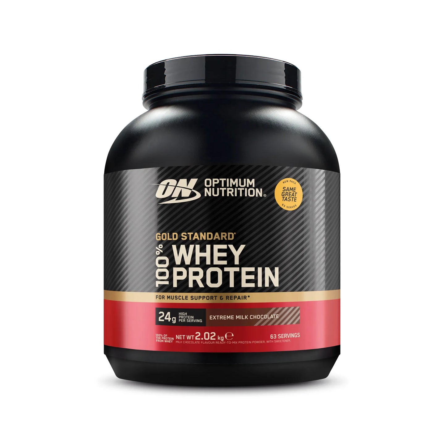 Optimum Nutrition 100% Whey Gold Standard 2 kg i en svart boks med røde detaljer for smaken Extreme Milk Chocolate., bilde 4 av 6