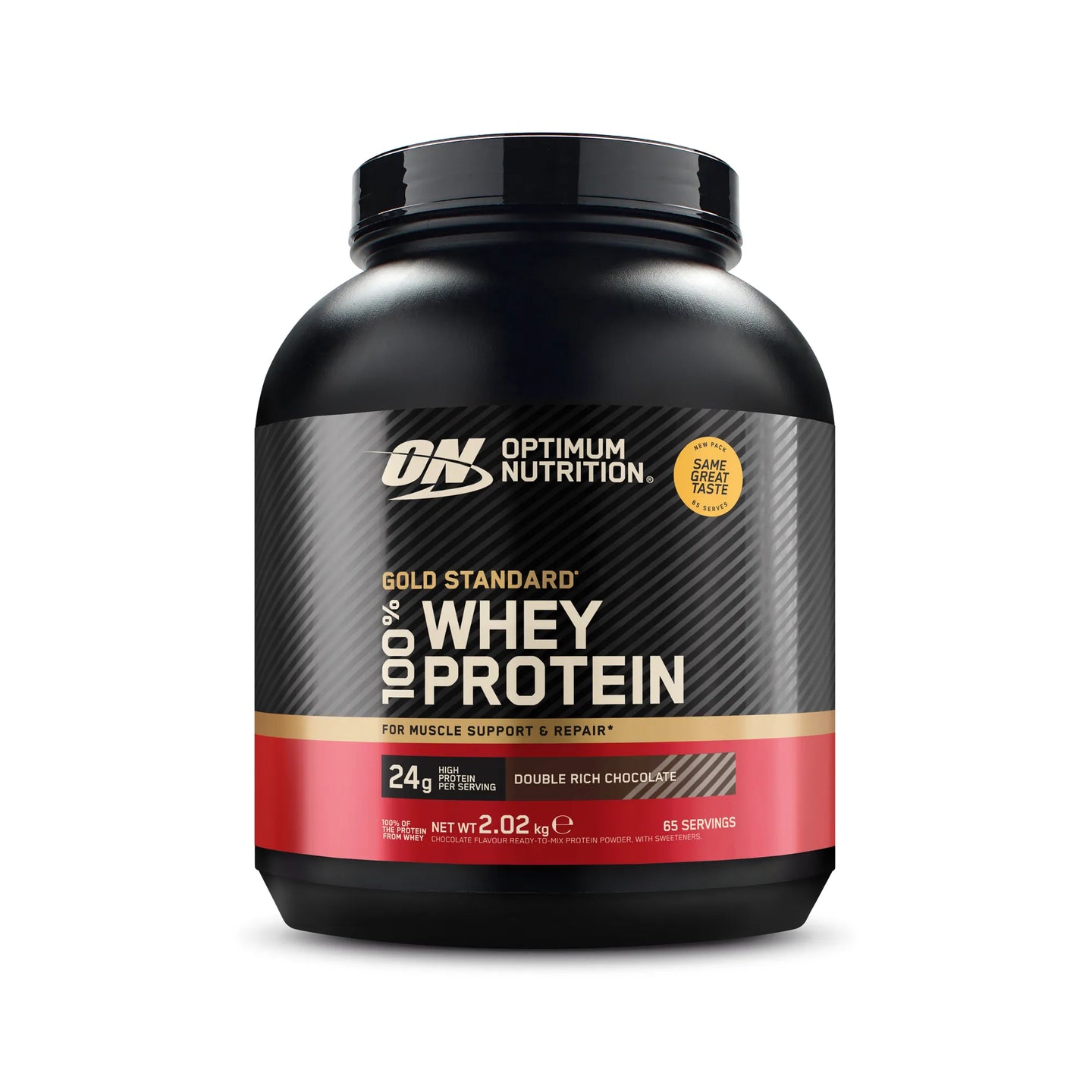 Optimum Nutrition 100% Whey Gold Standard 2 kg i en svart boks med røde detaljer for smaken Double Rich Chocolate., bilde 5 av 6