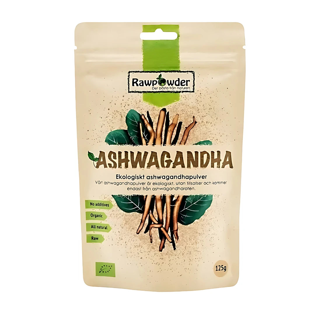 Rawpowder Ashwaganda pulver 125 g i en lys beige pose med illustrasjoner av ashwagandharøtter og grønne blader.