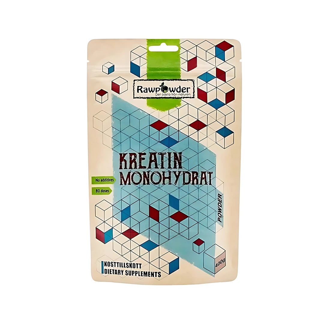 Rawpowder Kreatin monohydrat 400 g kosttilskudd i pulverform, pakket i en pose med geometrisk mønster i blått og rødt.