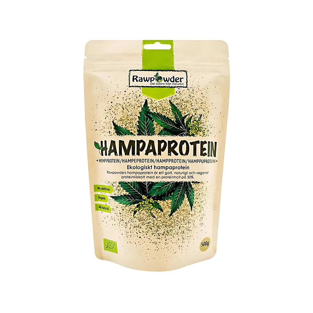 Rawpowder Hampaprotein 500 g i en beige pose med grønne hampblader og tekst for økologisk vegansk proteinpulver.