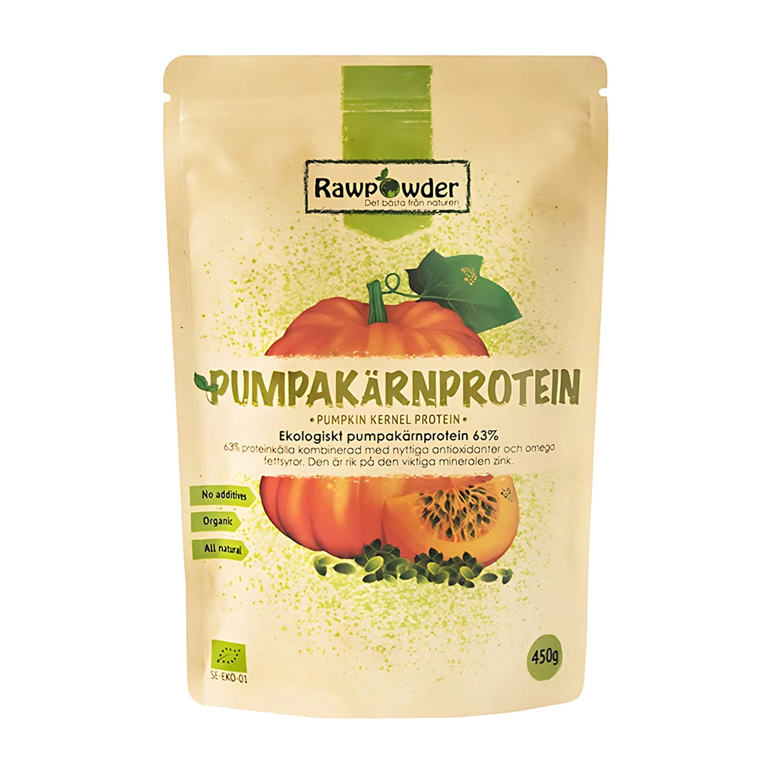 Rawpowder Pumpakärnprotein 450 g, økologisk proteinpulver i en beige pose med en illustrasjon av et gresskar.