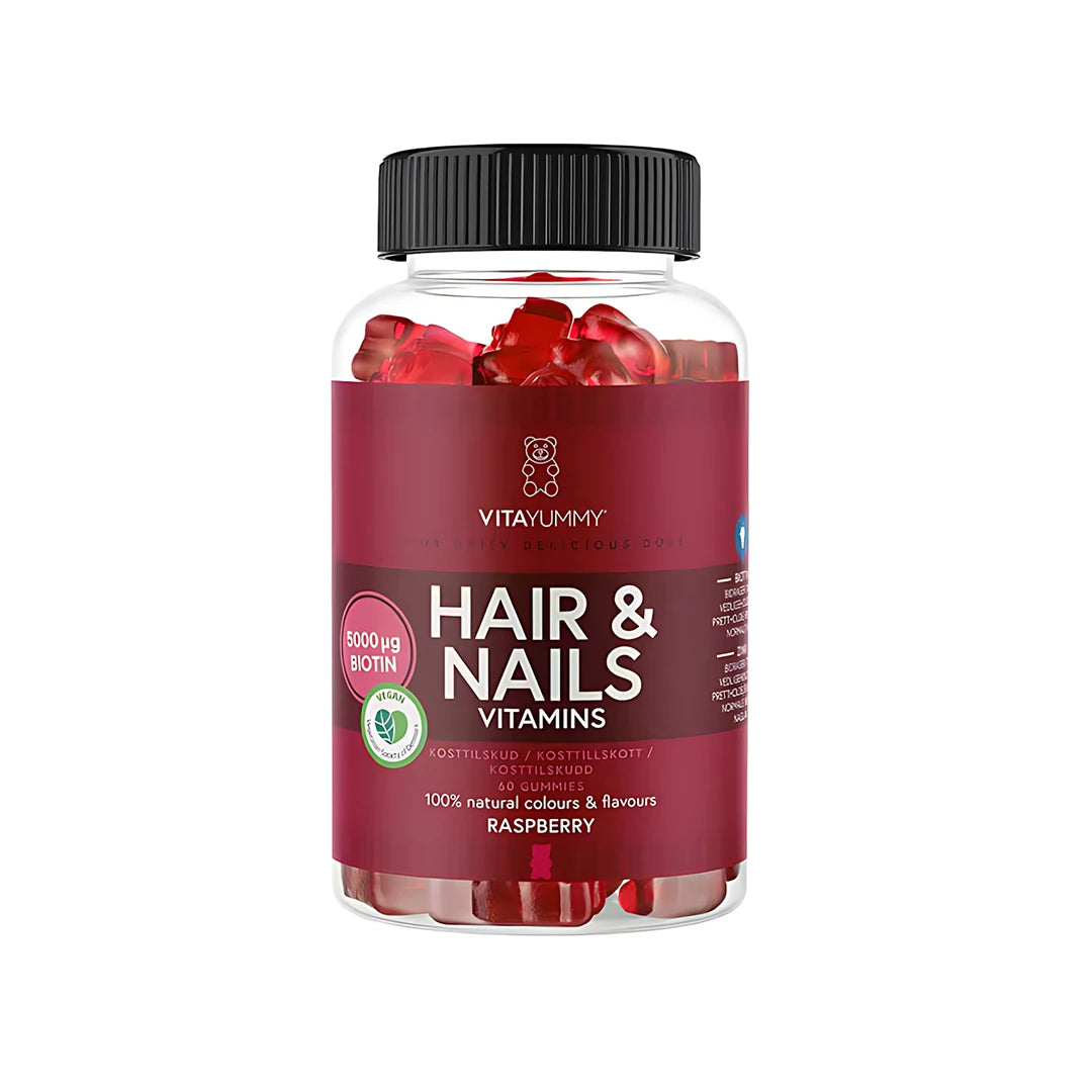 VitaYummy Hair & Nails Vitamin 60 pcs, røde gummies i en gjennomsiktig boks med vinrød etikett og svart lokk.