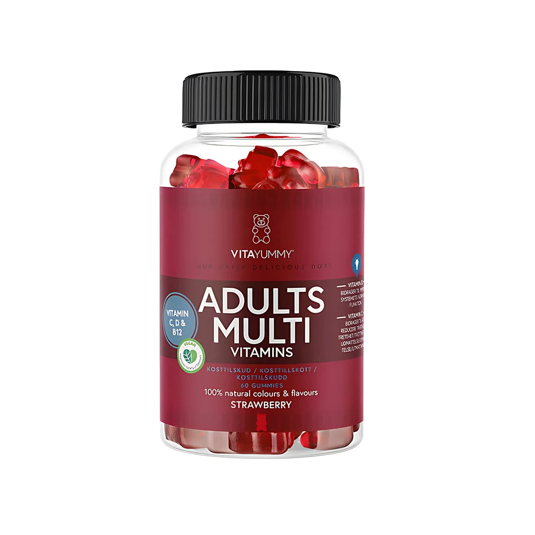 VitaYummy Adults Multivitamin 60 pcs i en gjennomsiktig plastboks med svart lokk, mørkerød etikett og røde gummies.