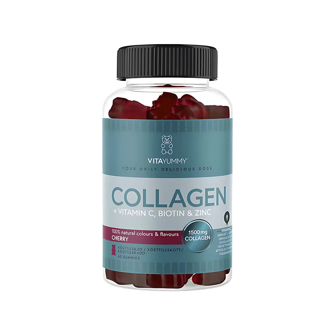 VitaYummy Collagen 60 pcs i en gjennomsiktig boks med blågrå etikett, fylt med mørkerøde gummies med smak av cherry.