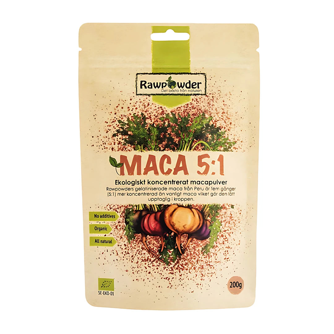 Rawpowder 5:1 Maca 200 g i en beige pose dekorert med illustrasjoner av fargerike macarøtter.