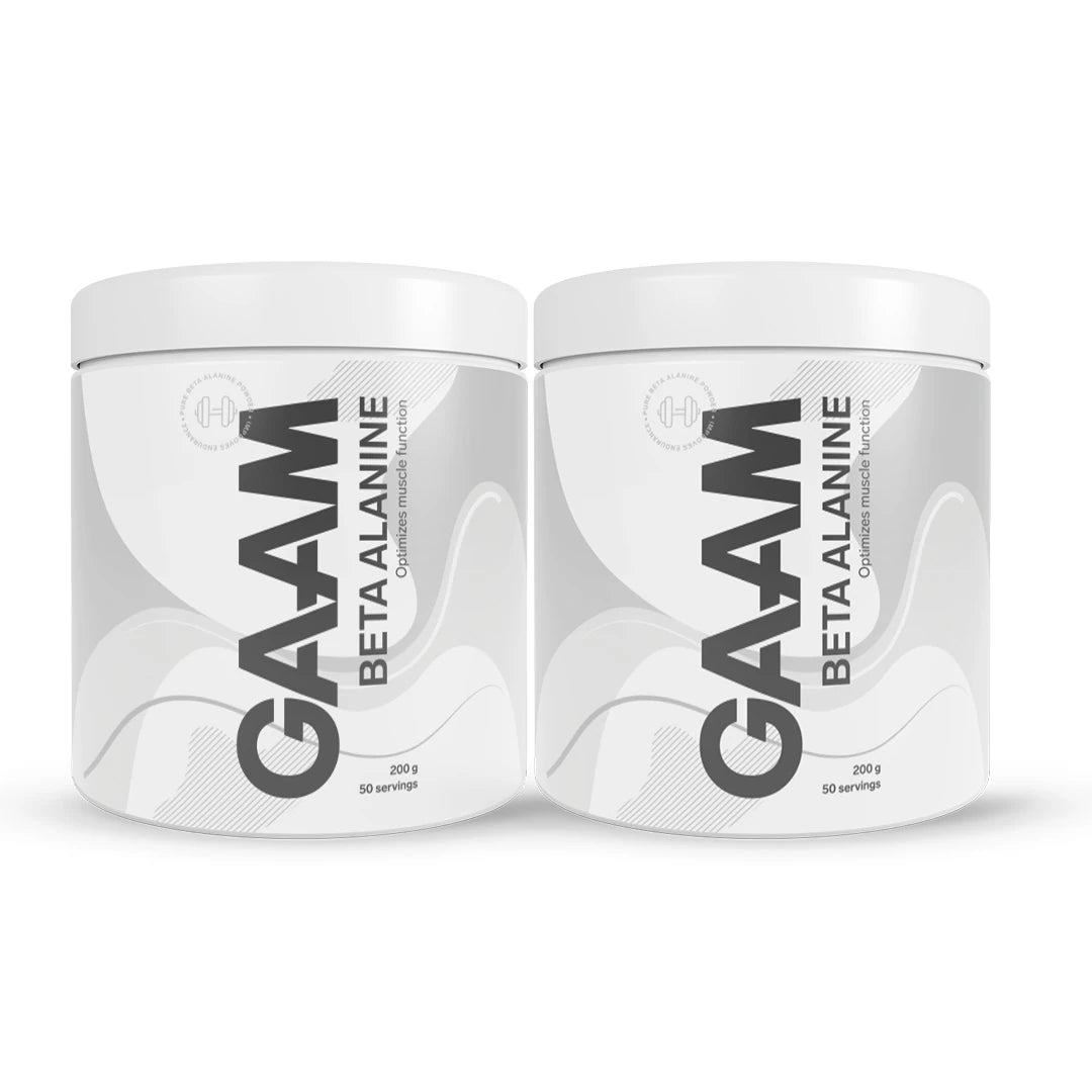 2 x GAAM Beta alanine 200 g aminosyrer i to hvite bokser med grå detaljer og svart tekst.