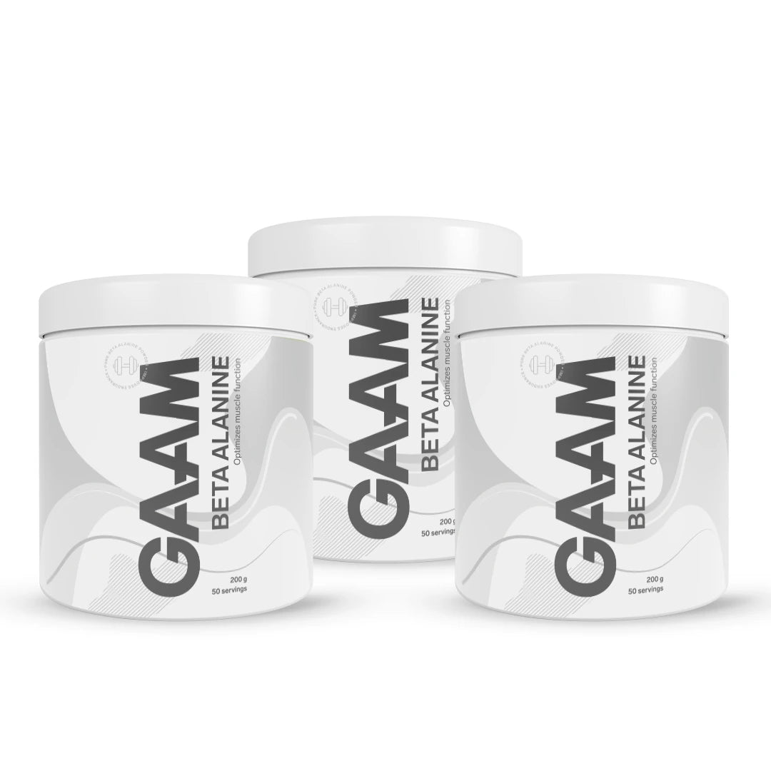3 x GAAM Beta alanine 200 g aminosyrer i tre hvite bokser med grå og svarte detaljer.