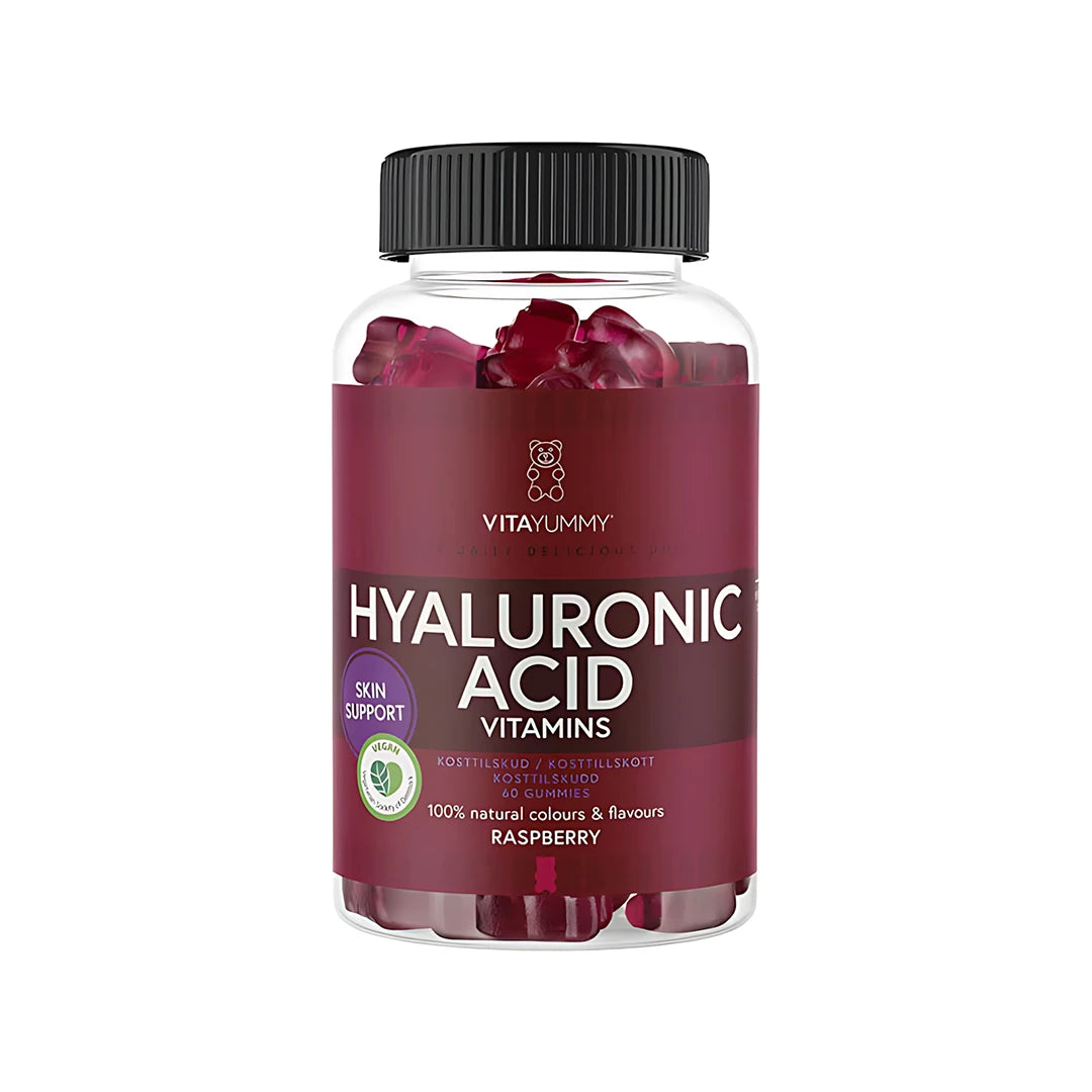 VitaYummy Hyaluronic Acid Vitamin 60 pcs i en gjennomsiktig boks med svart lokk, fylt med mørkerøde bringebærgummies.