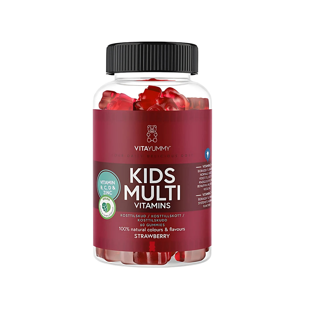 VitaYummy Kids Multivitamin 60 pcs i en klar plastboks med mørkerød etikett, svart lokk og røde gummies.
