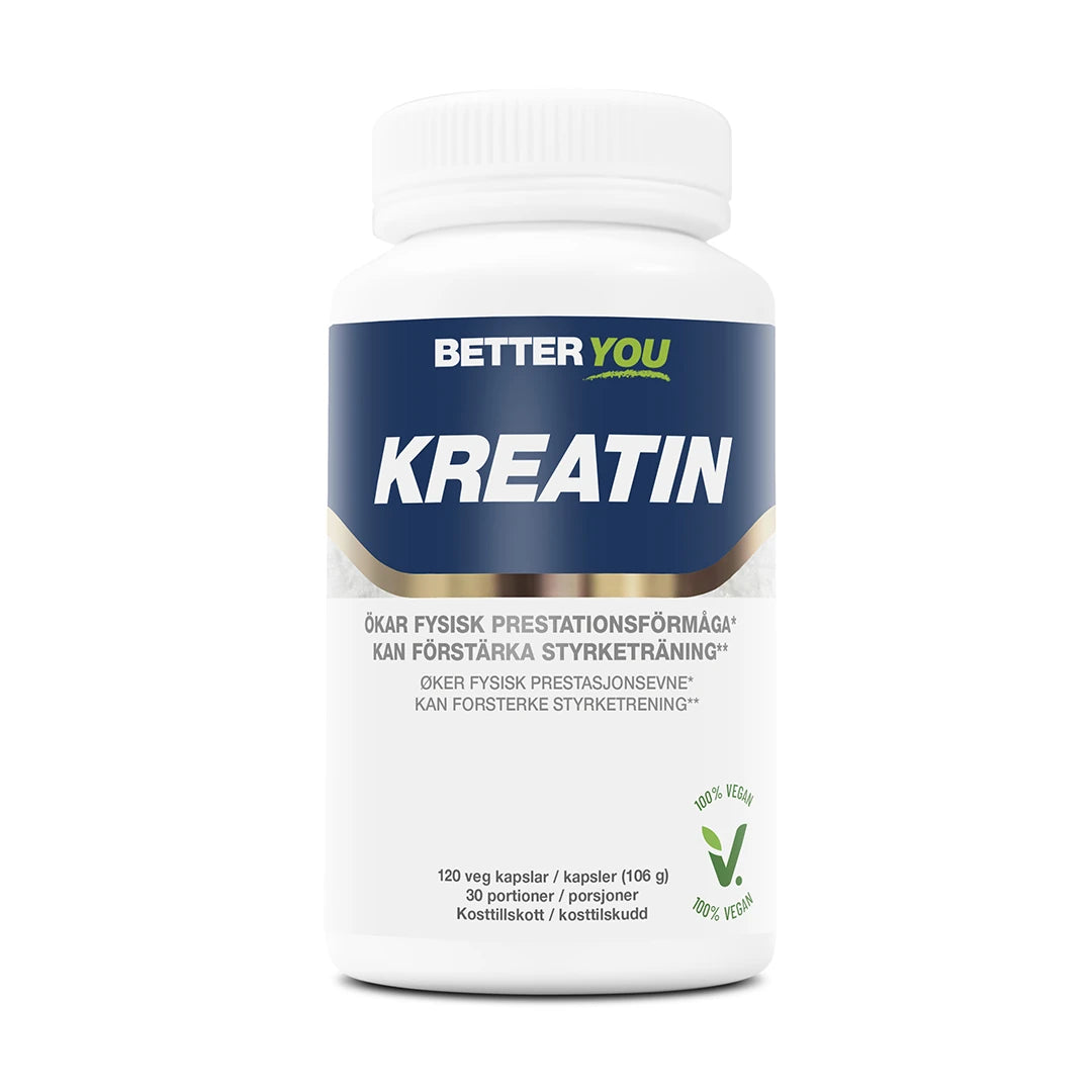 Better You Kreatinkapslar - 120 kaps i en hvit boks med blå etikett, et vegansk kreatintilskudd for styrketrening.