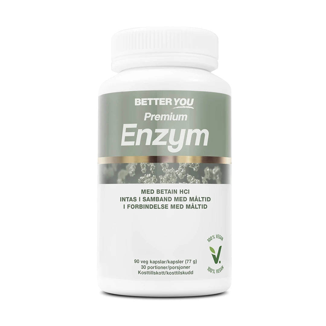 Better You Premium Enzym 90 kaps enzymtilskudd i en hvit boks med grågrønne og gylne detaljer.