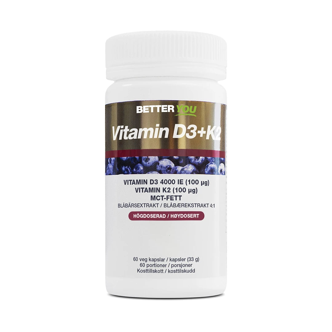 Better You Vitamin D3 4000IE + K2 100µg - 60 kapsler pakket i en hvit boks med blåbærmotiv og gulldetaljer.