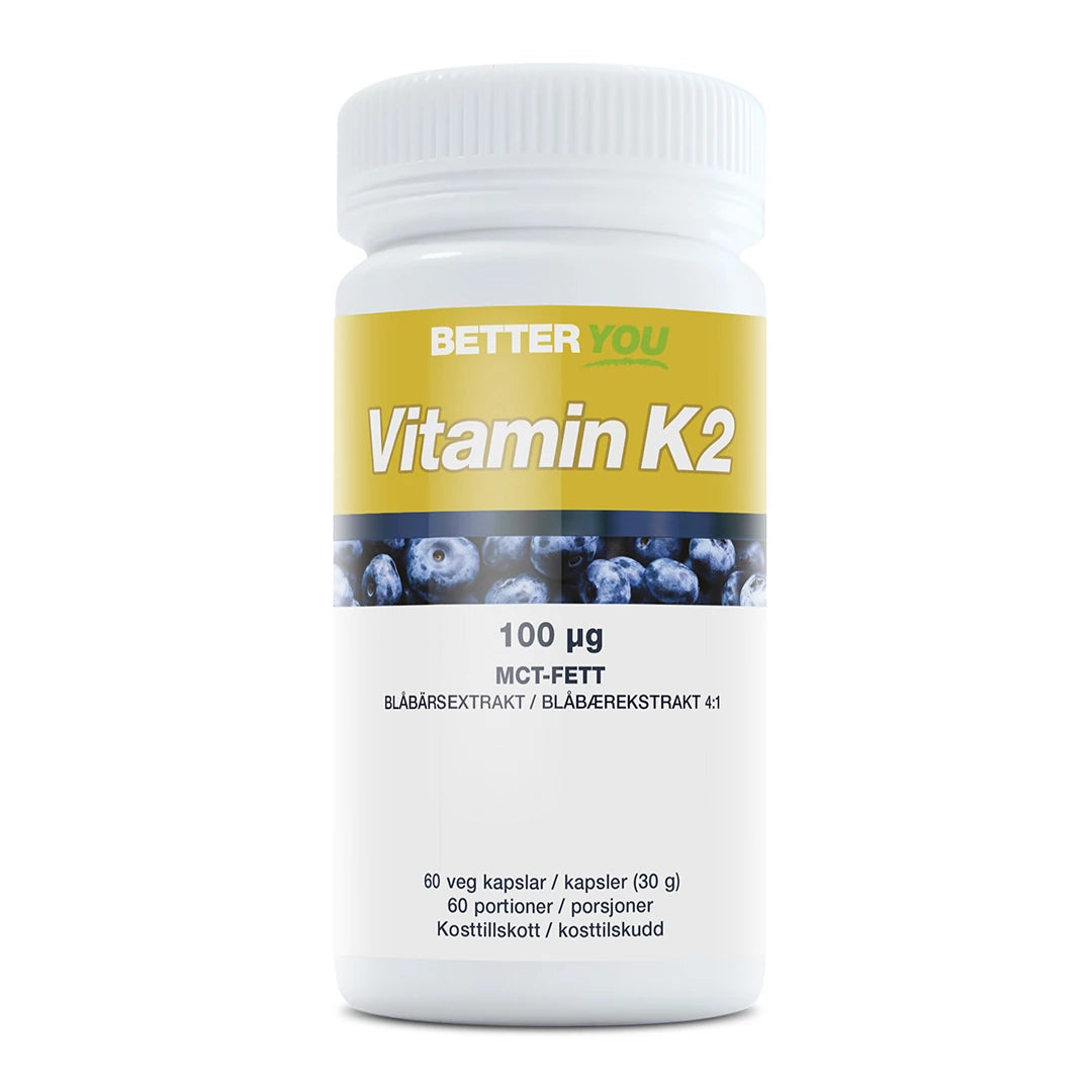 Better You Vitamin K2 100 µg - 90 kaps, et kosttilskudd i en hvit boks med gul etikett og blåbærmotiv.