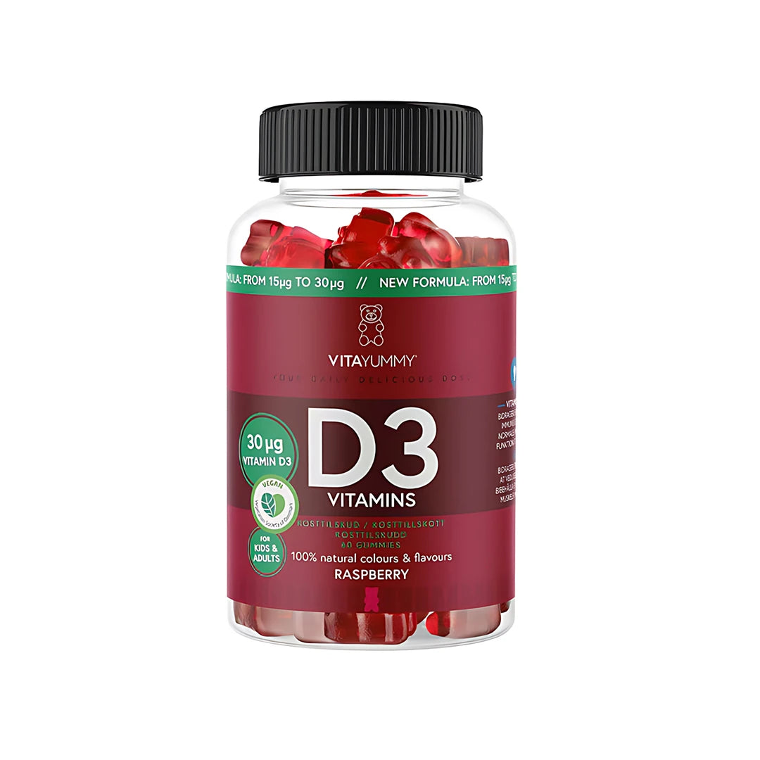 VitaYummy D3 Vitamin 60 pcs veganske gummies i en transparent boks med mørkerød etikett og svart lokk.