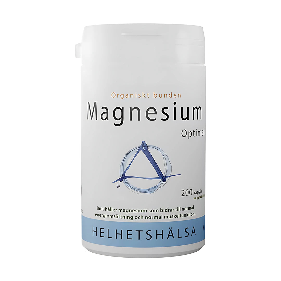 Helhetshälsa Magnesium Optimal 200 caps, et kosttilskudd pakket i en hvit plastboks med lyseblå detaljer.