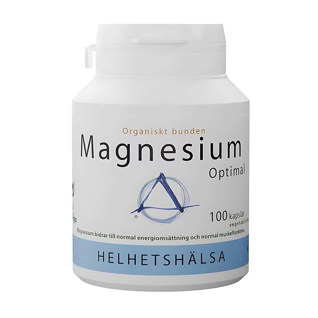 Helhetshälsa Magnesium Optimal 100 caps i en hvit boks med blå detaljer, et kosttilskudd for normal muskelfunksjon.