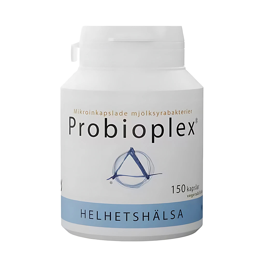 Helhetshälsa Probioplex 150 kapsler melkesyrebakterier i en hvit boks med blå detaljer., bilde 1 av 1