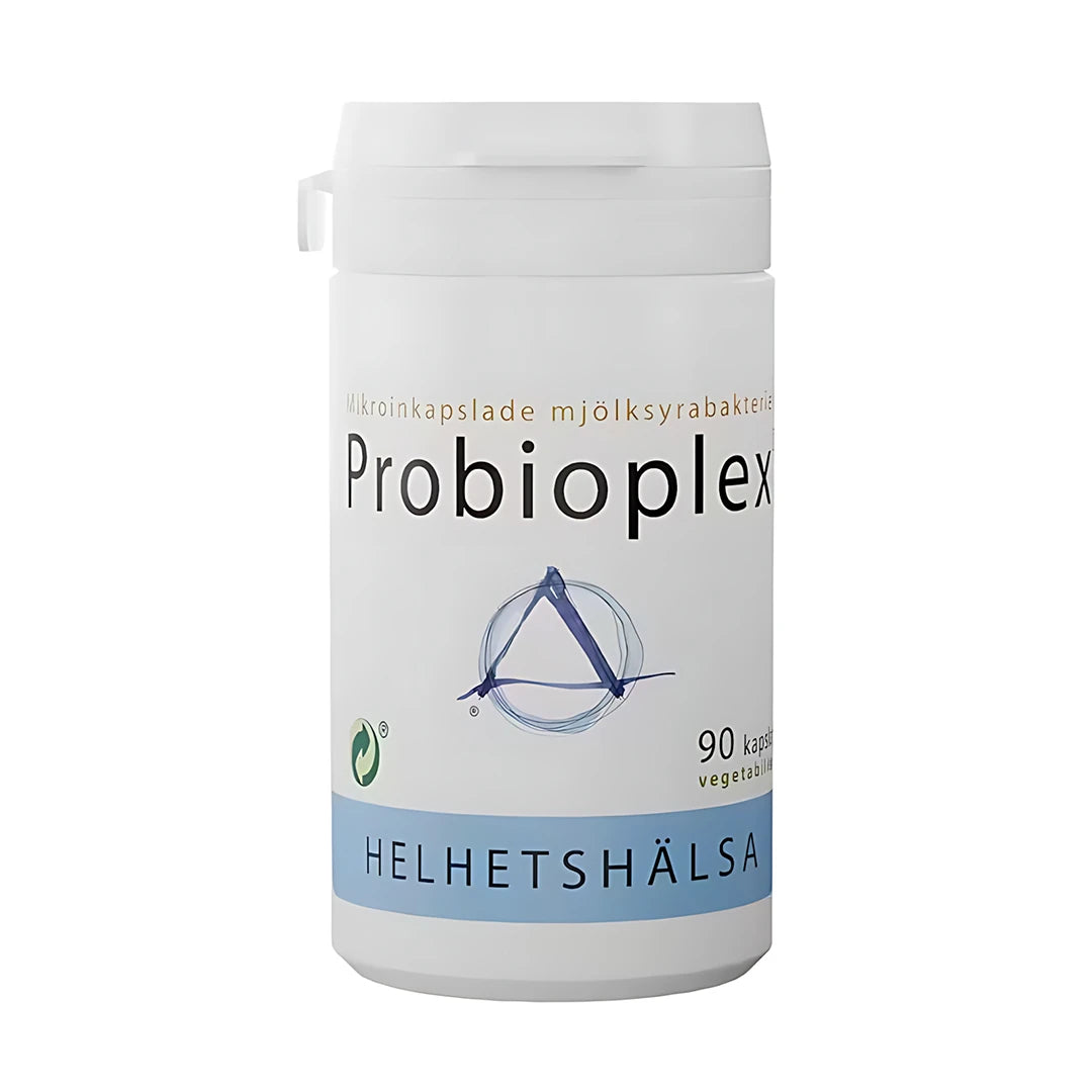 Helhetshälsa Probioplex 90 caps melkesyrebakterier i en hvit boks med lyseblå detaljer., bilde 1 av 1