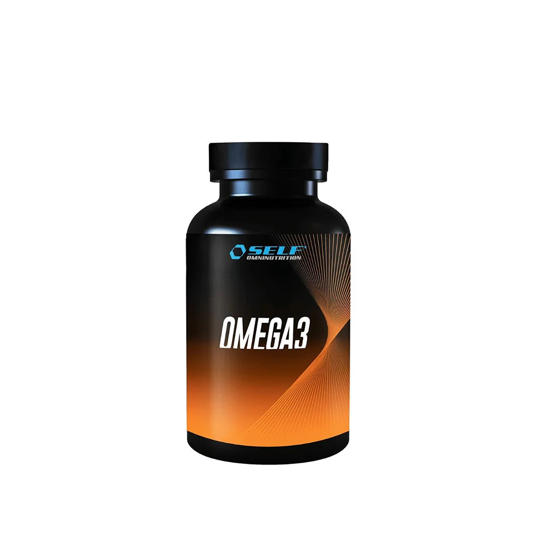 Self Omninutrition Omega 3 60 caps i en svart boks med oransje detaljer.