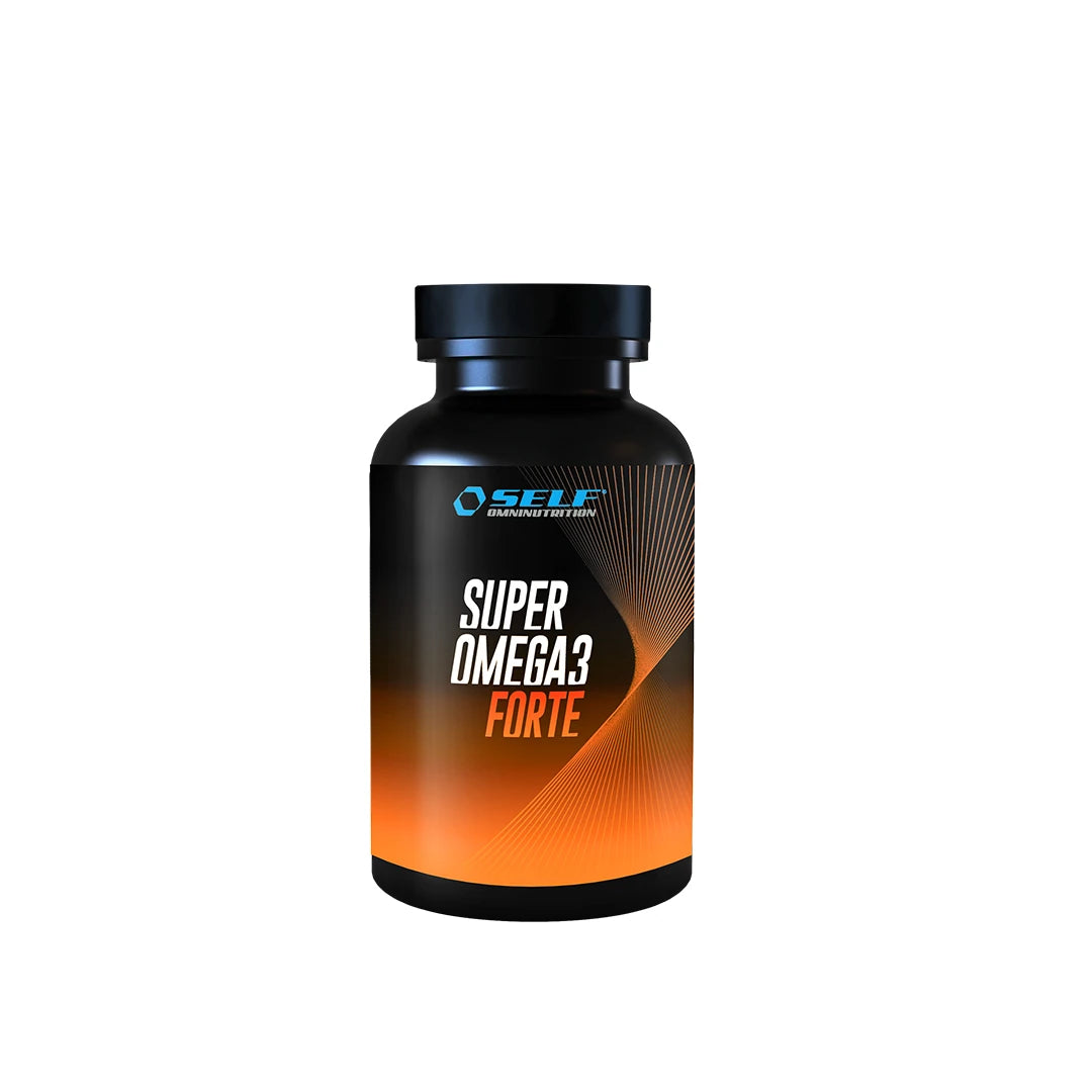 Self Omninutrition Super Omega 3 Forte 120 caps, omega-3-kosttilskudd i en svart boks med oransje detaljer.