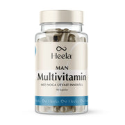 Heela Multivitamin Man 60 caps förvarade i en transparent plastburk med ljusbeige och blå etikett samt ett ljust skruvlock.