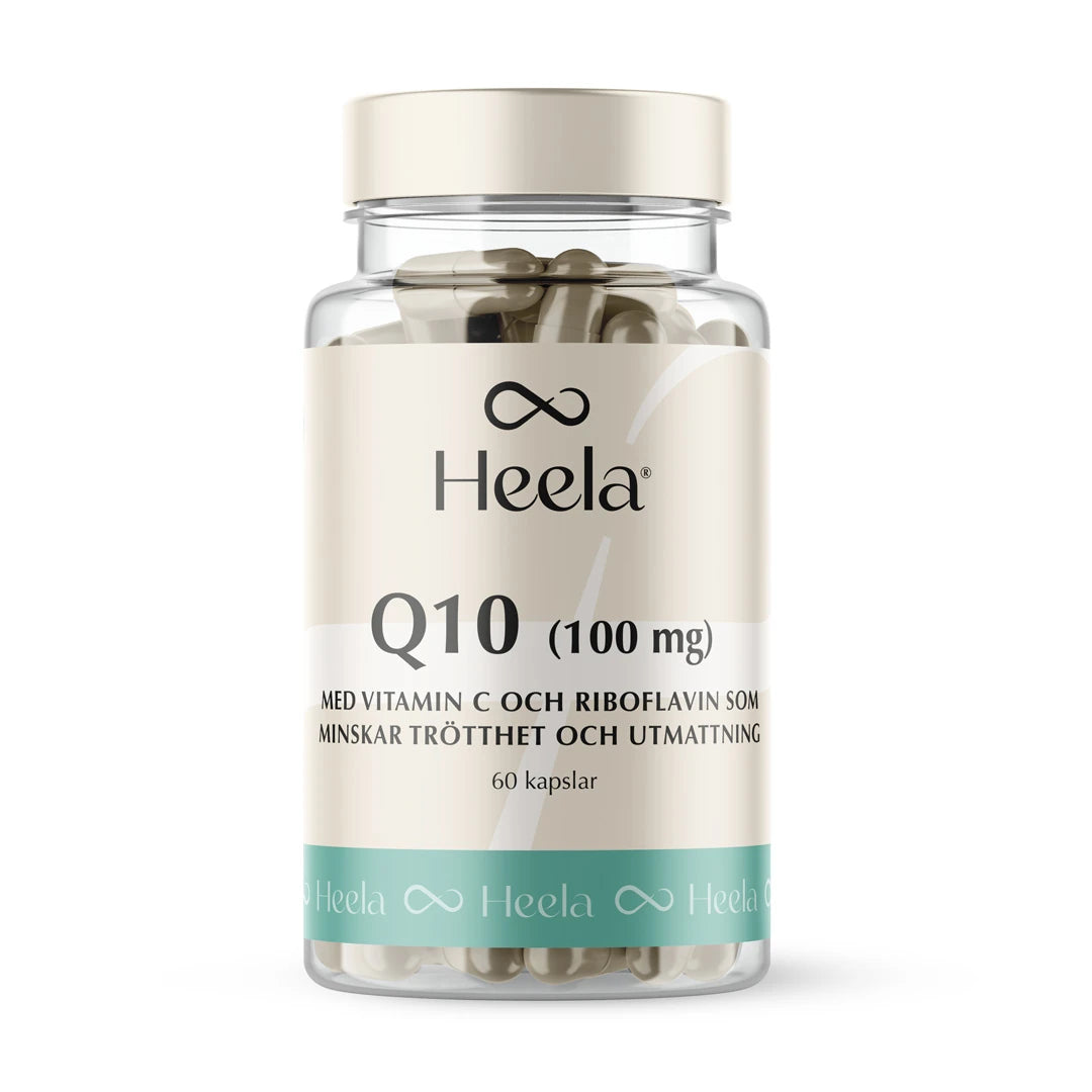 Heela Q10 - 100 mg 60 caps i en gjennomsiktig boks med hvit etikett og turkis detalj.