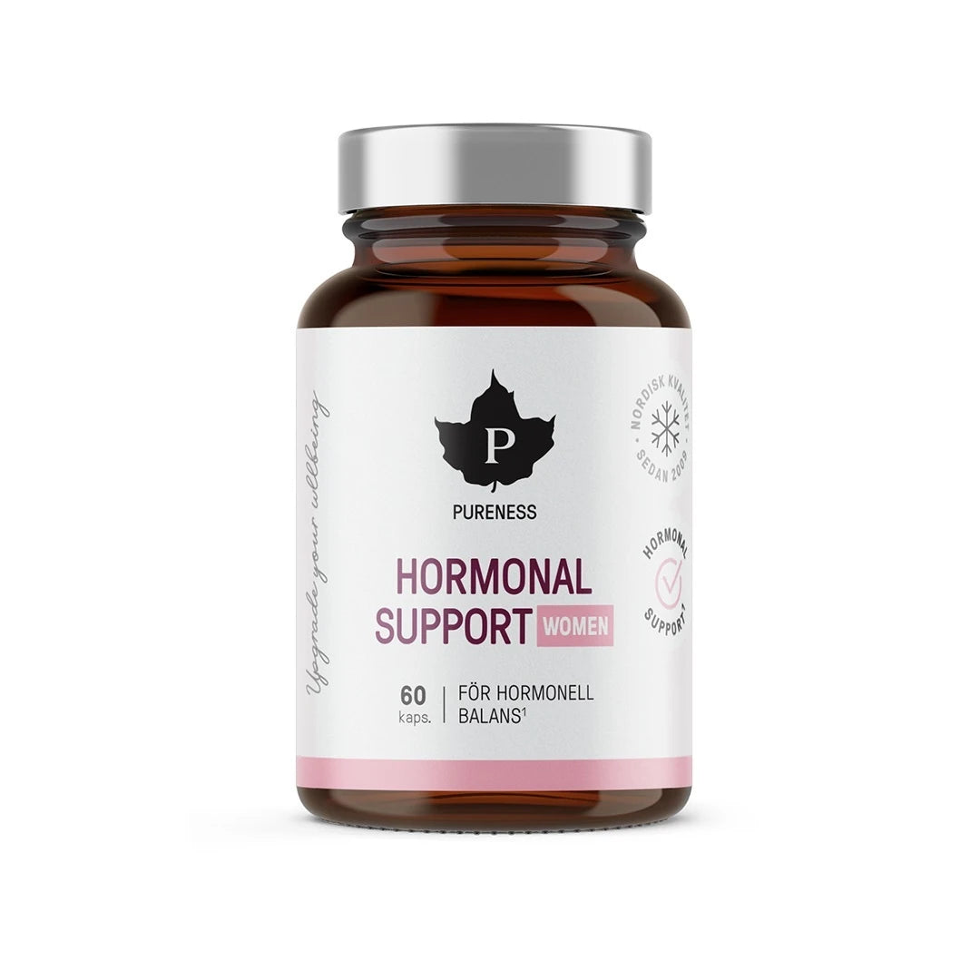 Pureness Hormonal Support Women 60 kapsler kosttilskudd i en brun glasskrukke med hvit etikett og sølvfarget lokk.