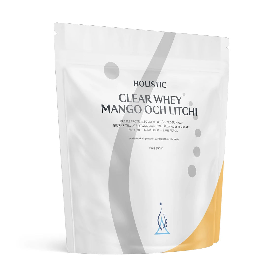 Holistic Clear Whey 400 g proteinpulver i en hvit pose med gule detaljer for smaken Mango og Litchi.
