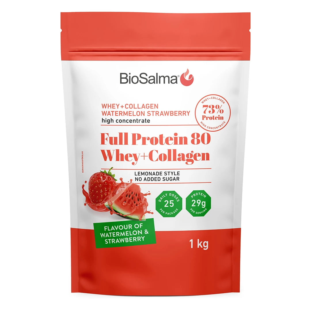 BioSalma Full Protein 80 Whey+Collagen Watermelon Strawberry 1 kg proteinpulver i en hvit og rød pose.