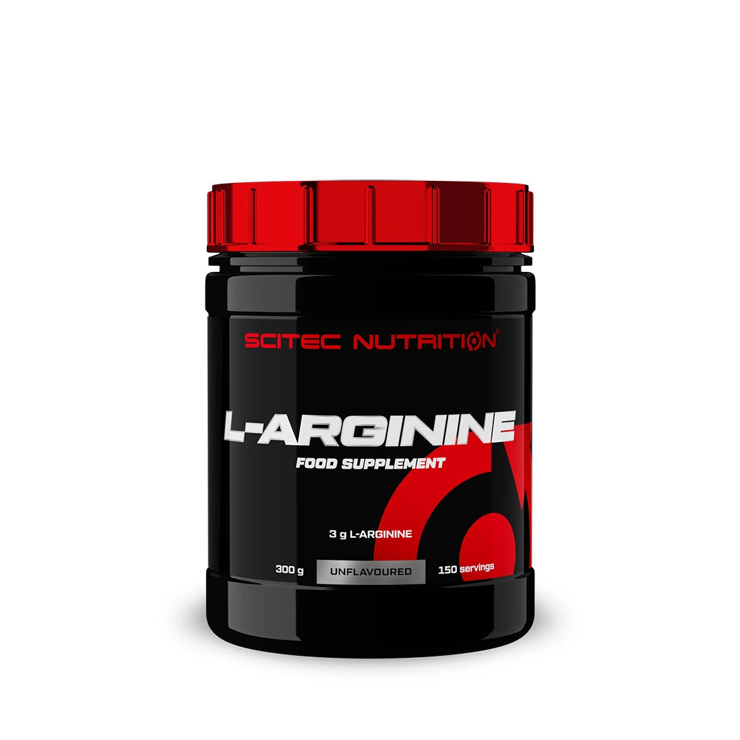 Scitec Nutrition L-Arginine 300 g aminosyretilskudd i en svart boks med rødt lokk.