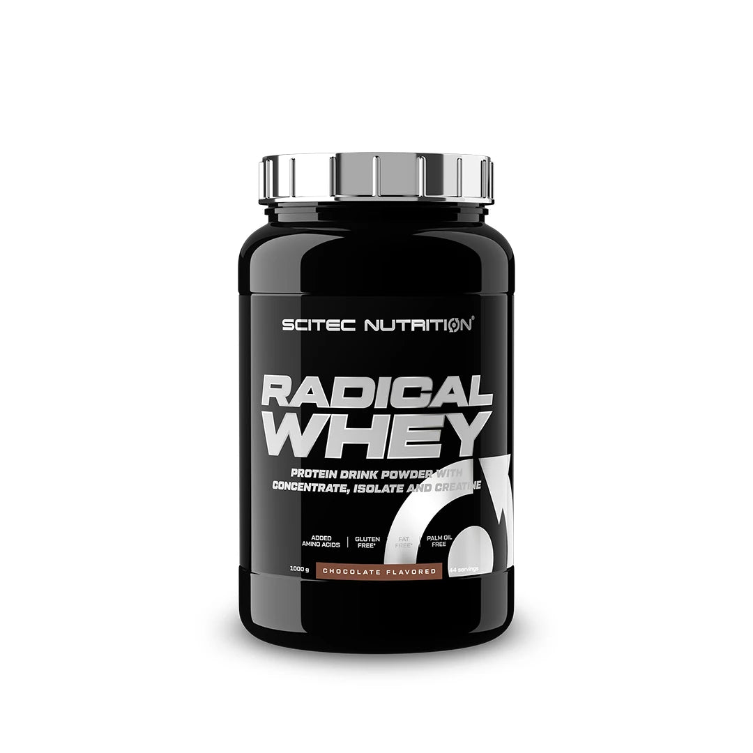 Scitec Nutrition Radical Whey 1 kg proteinpulver med smaken Chocolate i en svart boks med sølvfarget lokk.