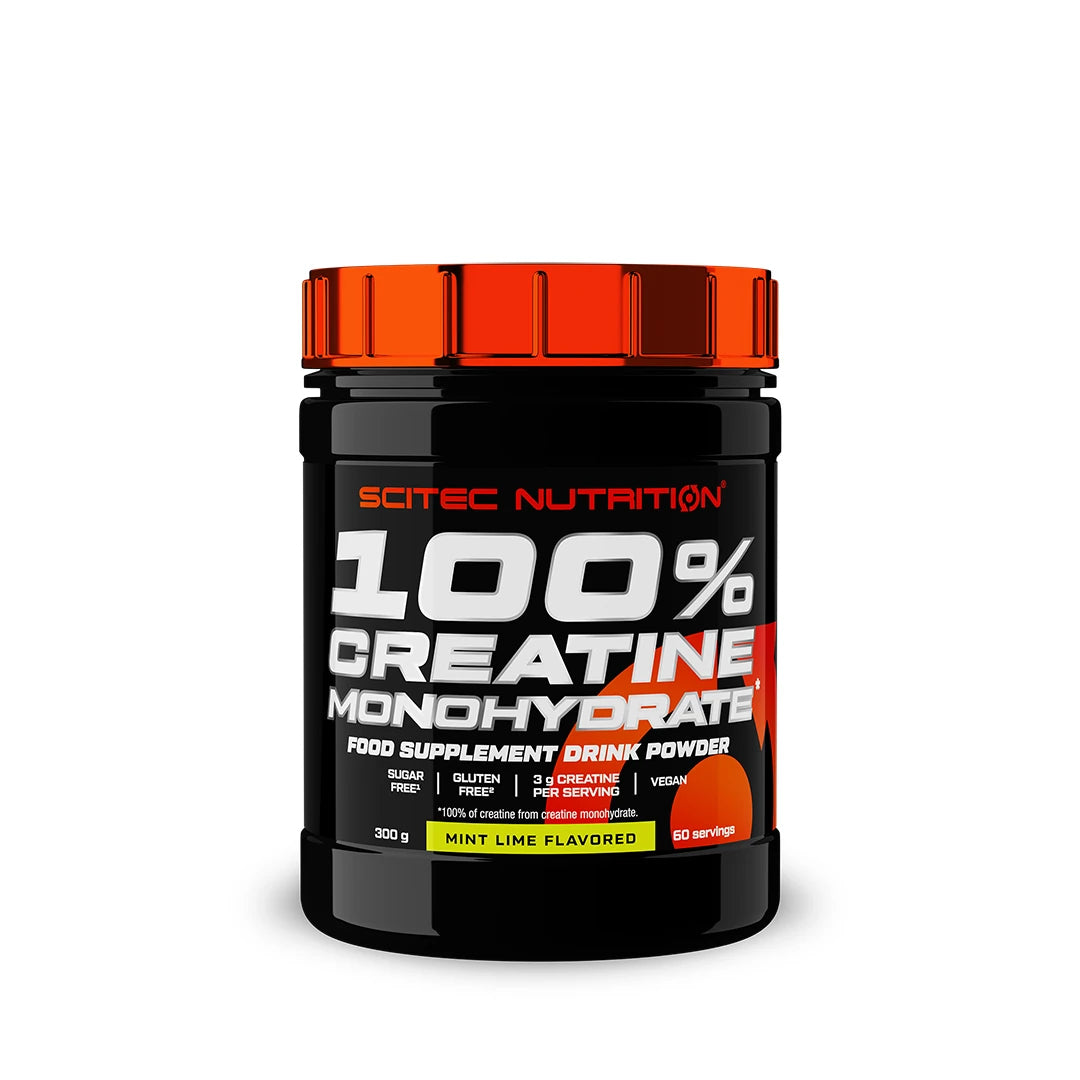 Scitec Nutrition 100% Creatine Monohydrate 300 g kreatinpulver i en svart boks med oransje lokk og smaken Mint Lime.