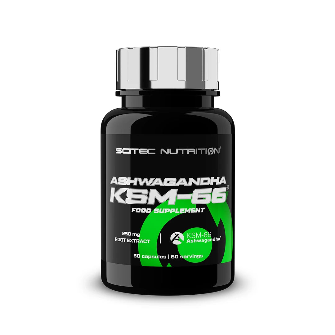 Scitec Nutrition KSM-66® Ashwagandha 60 caps i en svart boks med grønne og hvite detaljer på etiketten.