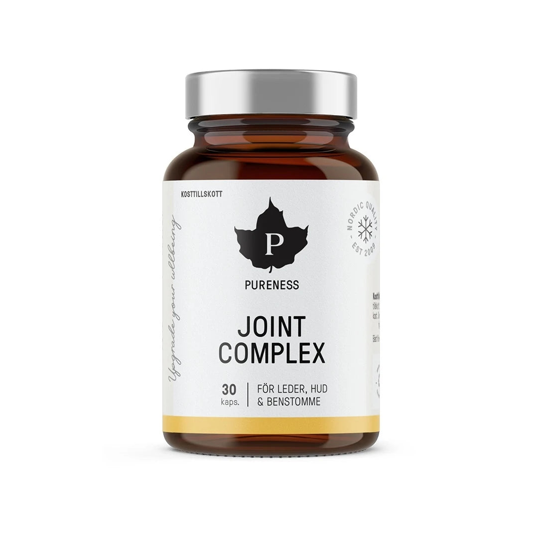Pureness Joint Complex 30 caps kosttilskudd i brun glasskrukke med hvit etikett og sølvlokk for ledd, hud og bein.