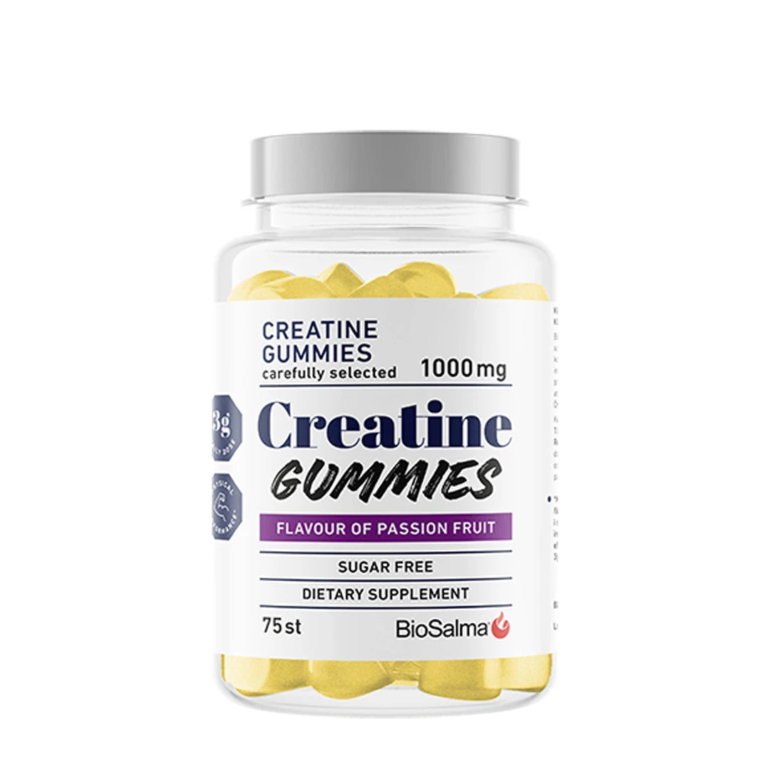 Biosalma Creatine Gummies 1000 mg Passion Fruit i en gjennomsiktig boks fylt med gule gummies.