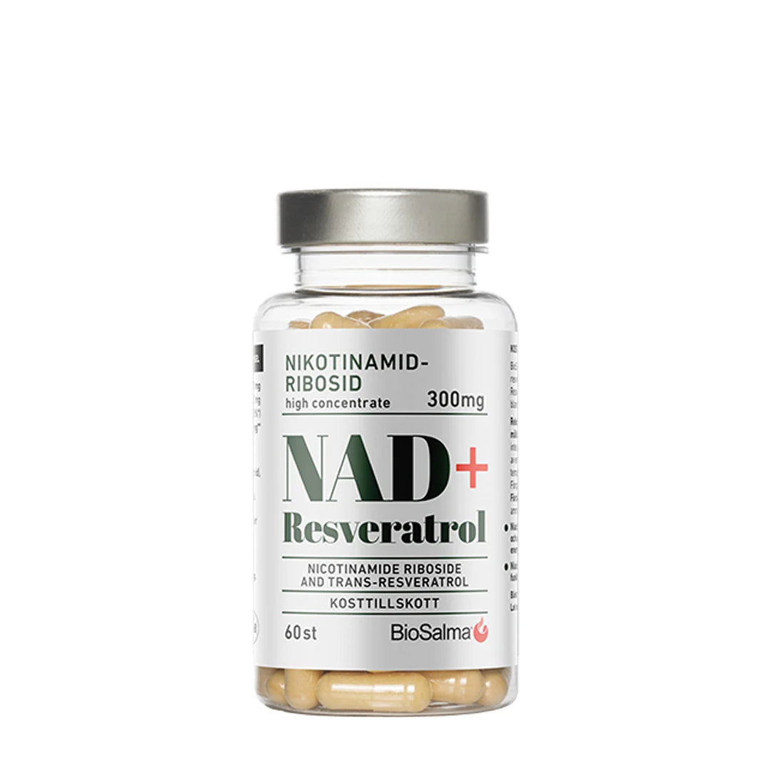 BioSalma NAD+ 300mg +Reservatrol 60 caps kosttilskudd i en gjennomsiktig boks med sølvlokk og hvit etikett med svart og grønn tekst.