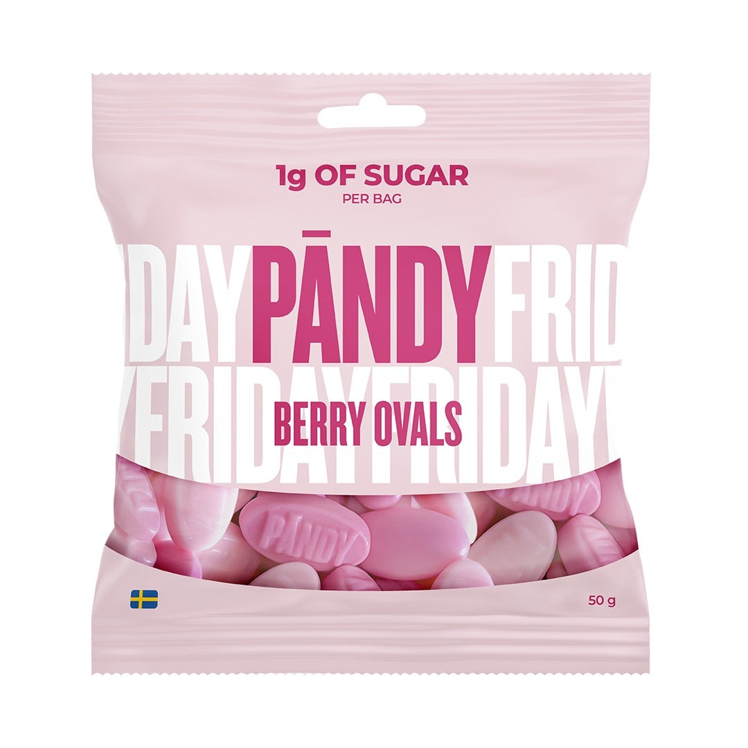 Pändy Candy 50 g Berry Ovals i en lyserosa godtepose med rosa og hvitt skumgodteri i bunnen., bilde 1 av 1