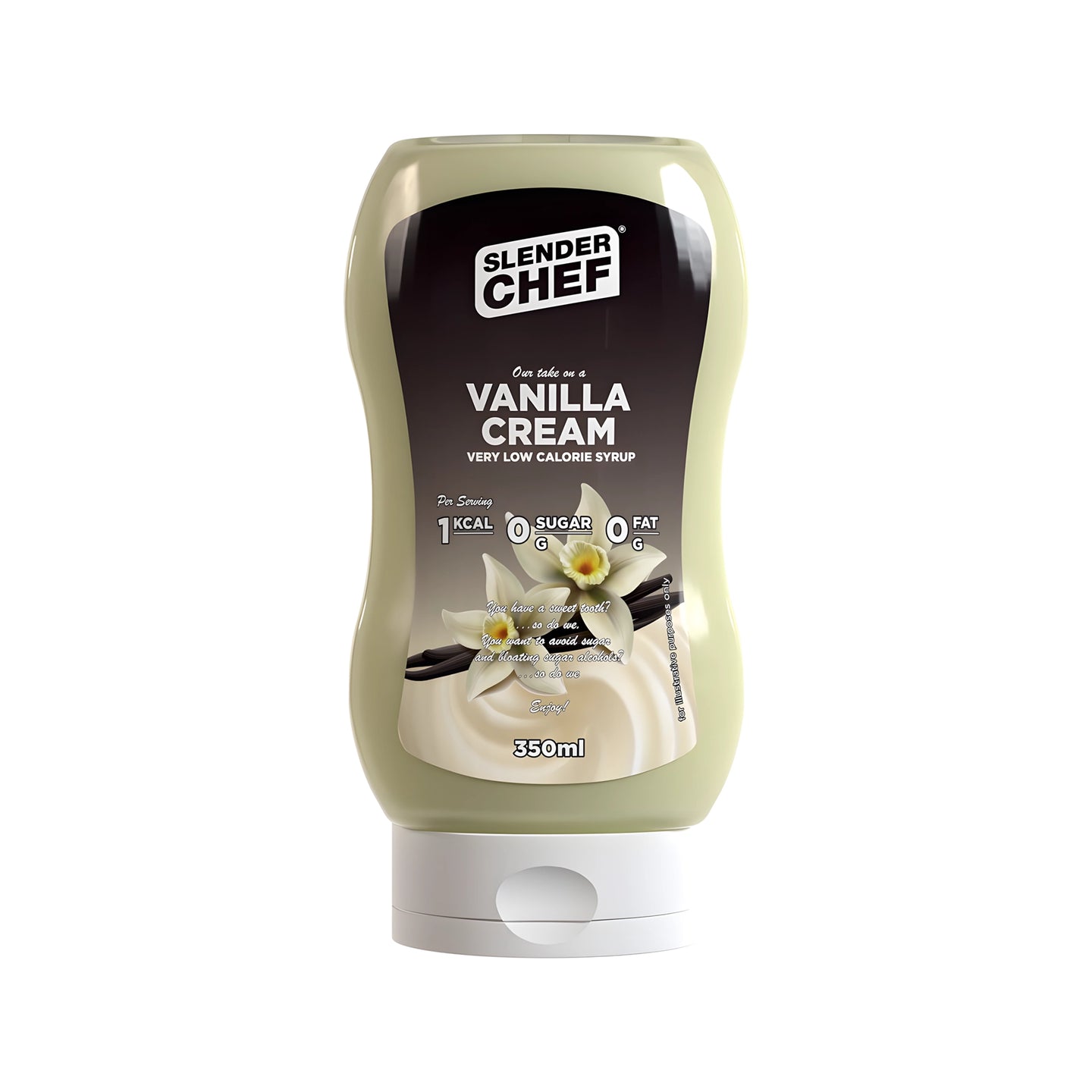 Slender Chef Sweet Sauce 350 ml saus i en klemflaske med motiv av vaniljeblomster for smaken Vanilla Cream., bilde 3 av 7