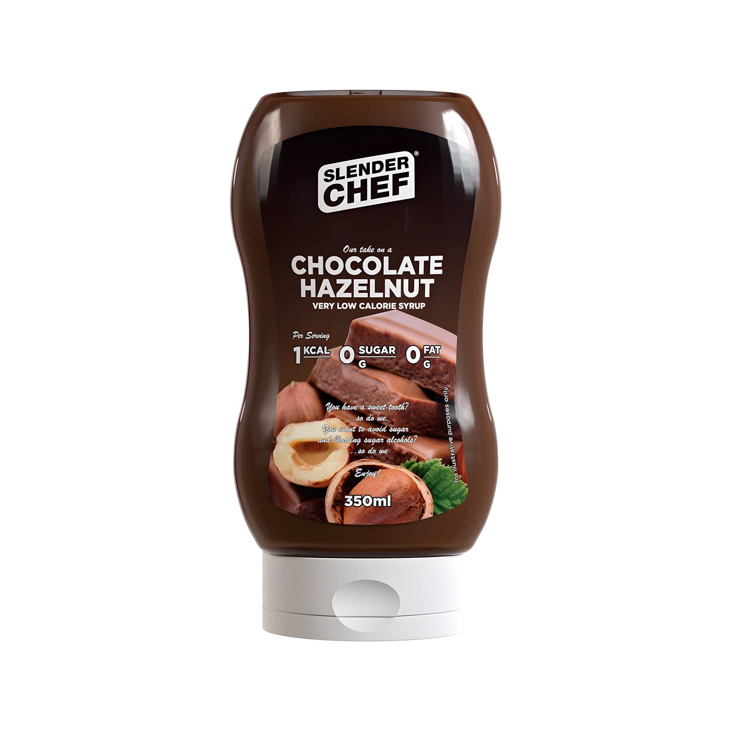 Slender Chef Sweet Sauce 350 ml i smaken Chocolate Hazelnut i en brun klemflaske med hvitt lokk og illustrasjon av sjokolade og hasselnøtter., bilde 4 av 7