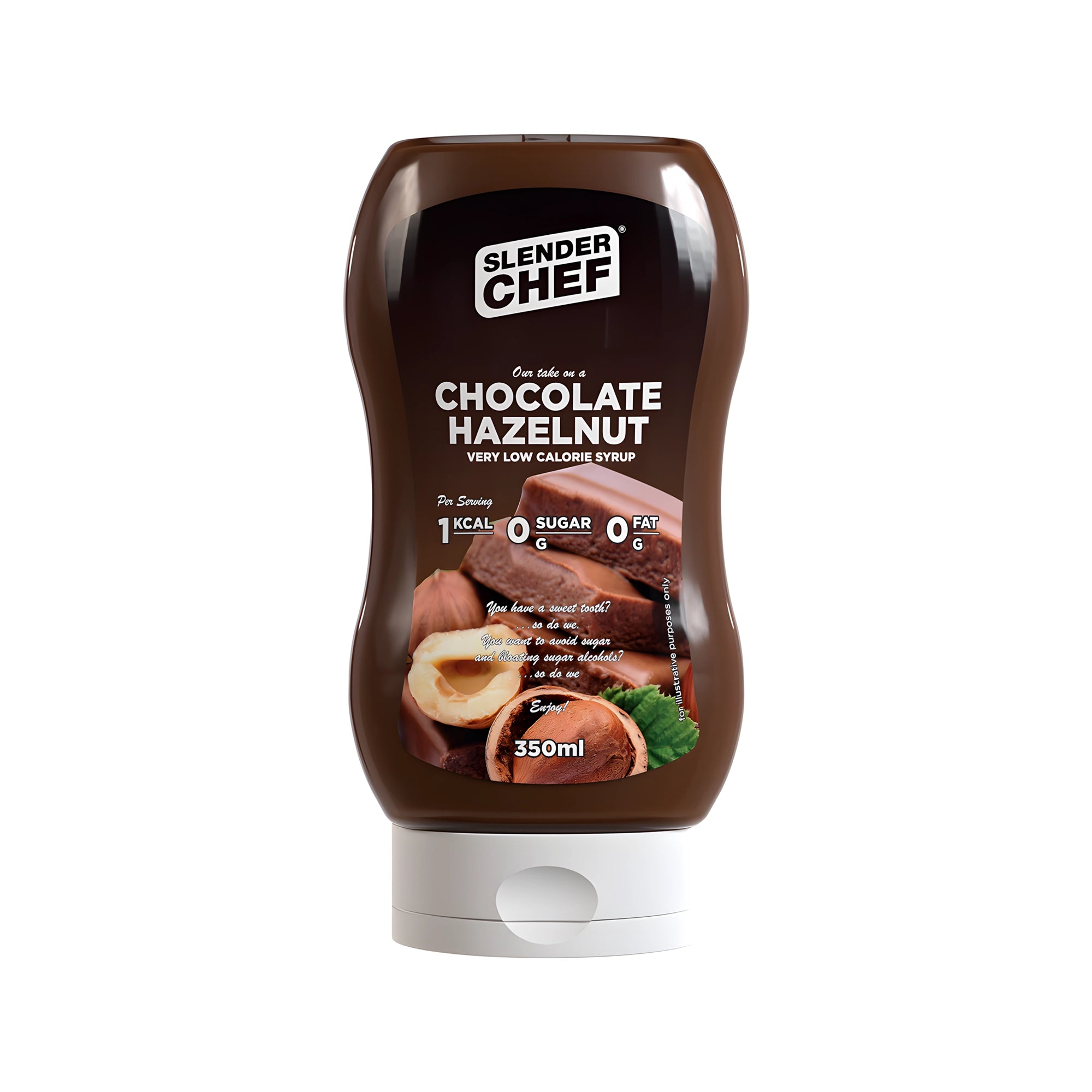Slender Chef Sweet Sauce 350 ml i smaken Chocolate Hazelnut i en brun klemflaske med hvitt lokk og illustrasjon av sjokolade og hasselnøtter., bilde 4 av 7