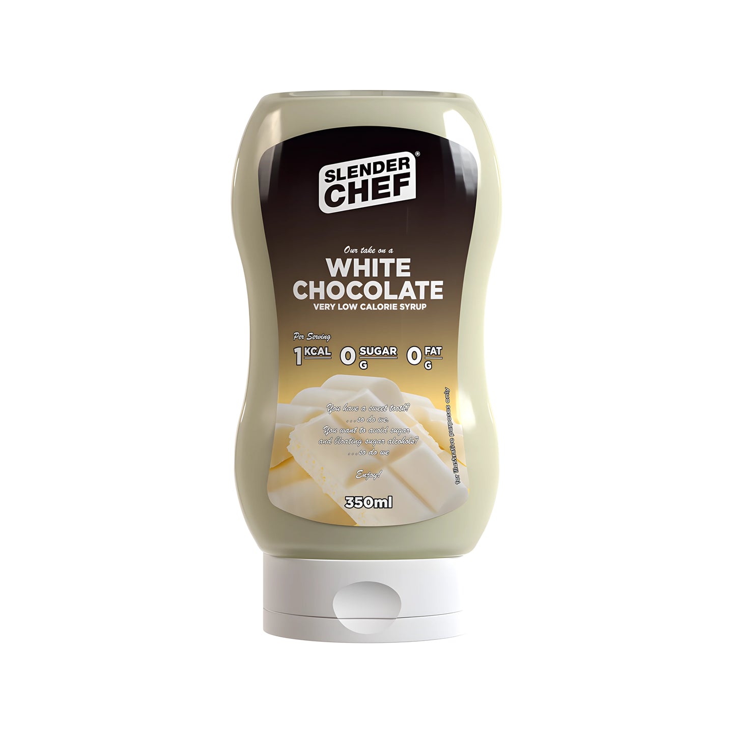Slender Chef Sweet Sauce 350 ml dessertsaus i en klemflaske med motiv av hvit sjokolade for smaken White Chocolate., bilde 5 av 7