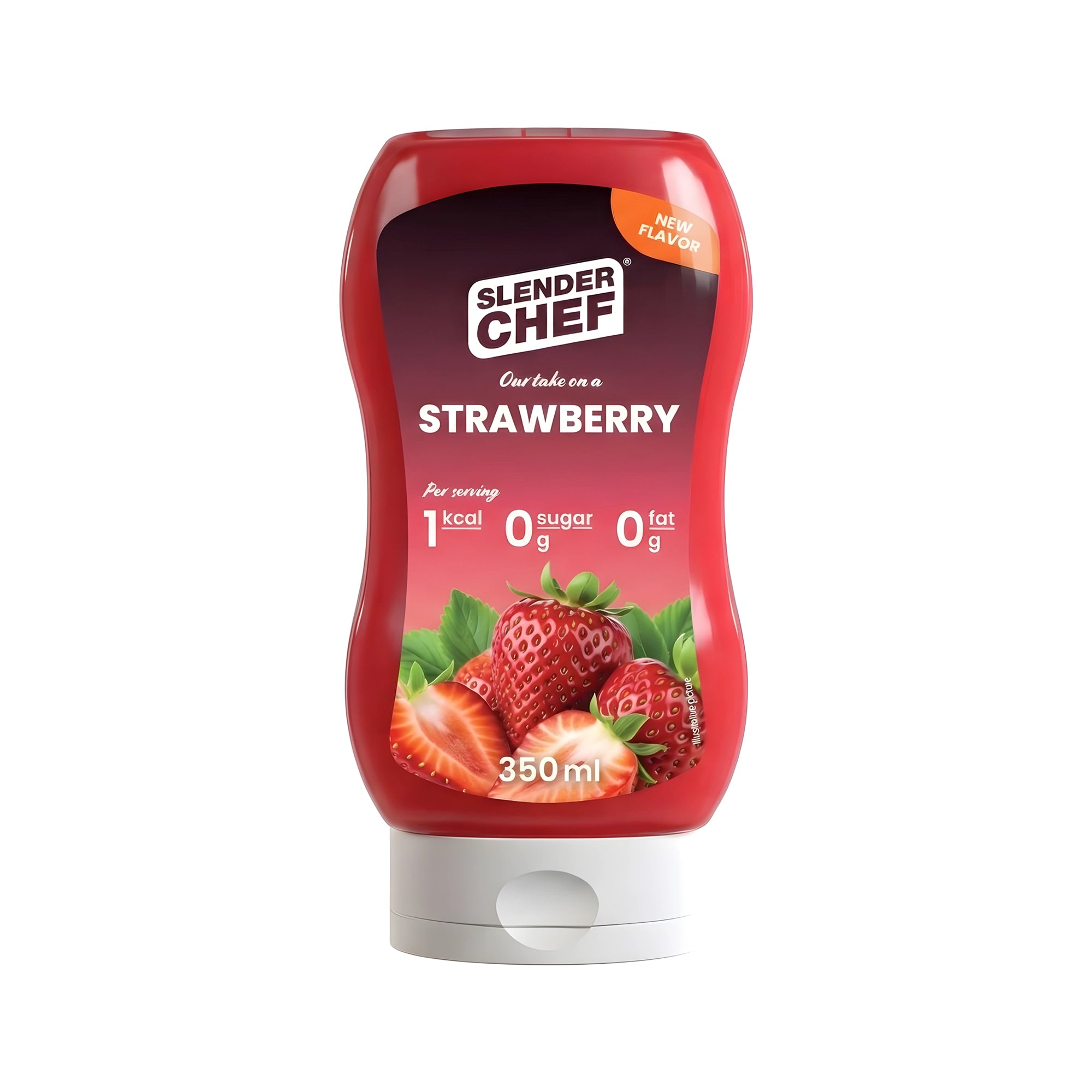 Slender Chef Sweet Sauce 350 ml i en rød klemflaske med hvitt lokk og jordbærmotiv for smaken Strawberry., bilde 7 av 7
